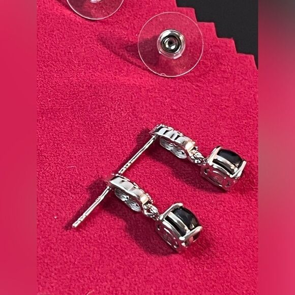 Blue Star Sapphire & Natural White Zircon Dangle Earrings Platinum / Sterling - Picture 6 of 9